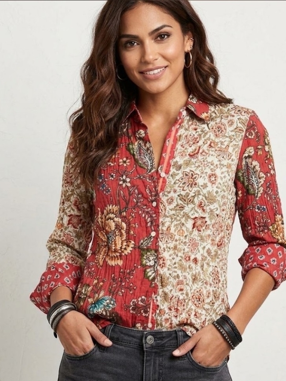 Cino Provence Mix Button Down Boho Floral Cottagecore Patchwork Shirt Size S